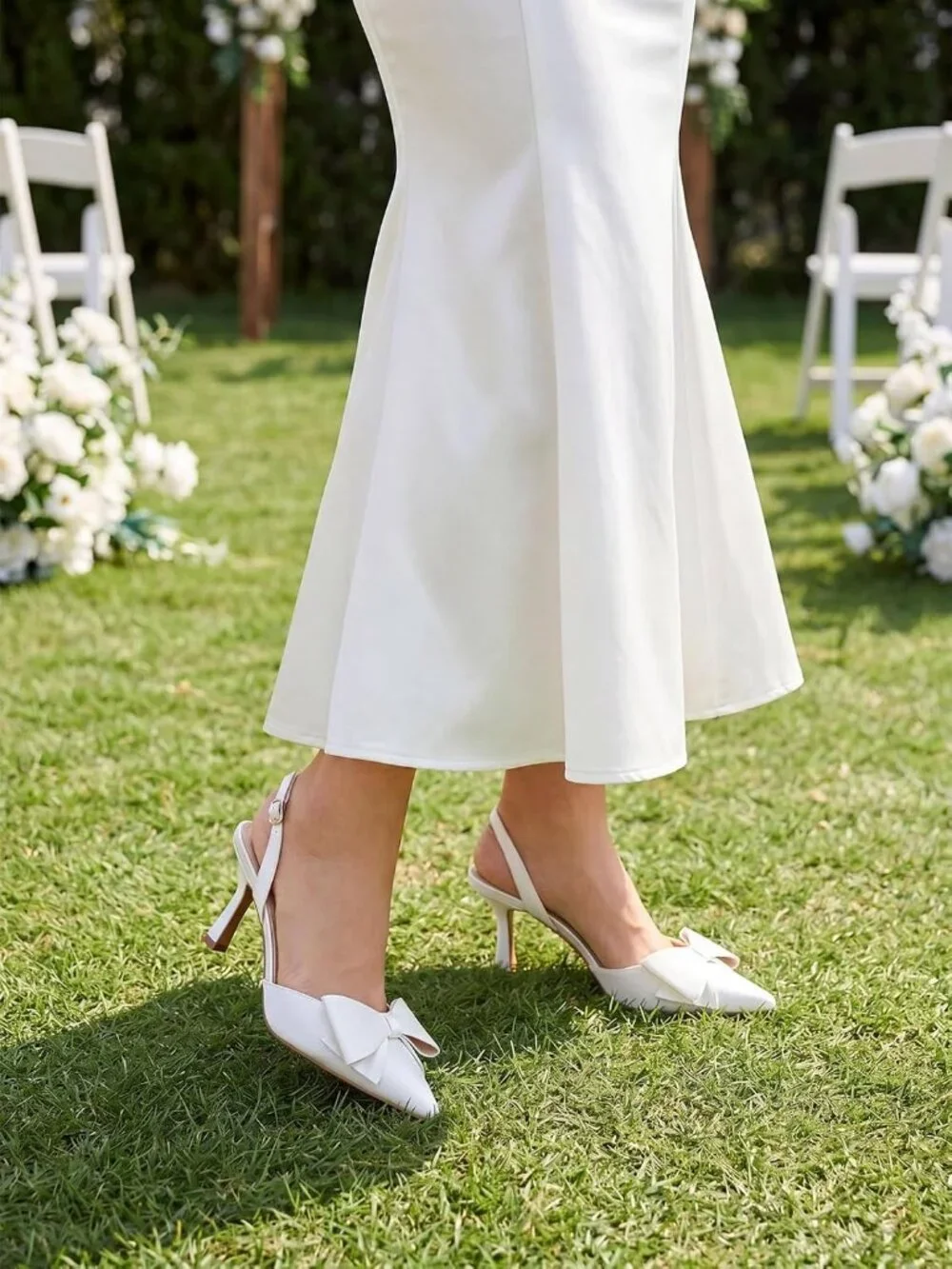 Women's White Rubber Satin Bow Slingback Kitten Heels Closed Pointed Toe Pumps